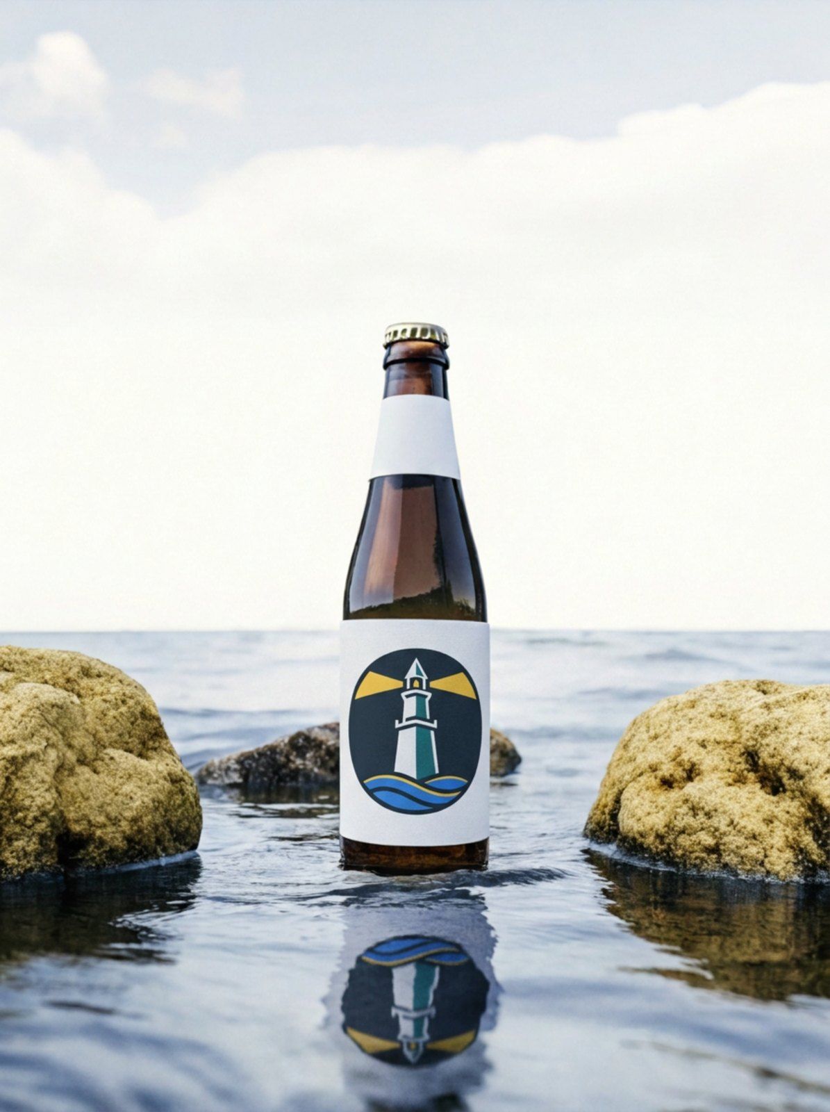 PharosOne lighthouse symbol applied to a beverage bottle in a coastal brand mockup